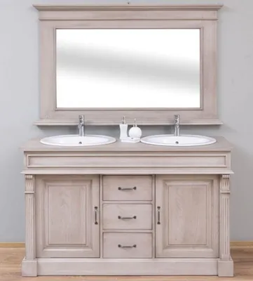Image de Casa Padrino Ensemble salle de bain style campagne gris - 1 double vasque & 2 lavabos & 2 robinets & 1 miroir mural - Meubles de salle de bain en bois massif style campagne