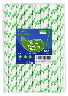 Obrázok produktu pre Jednorazové papierové slamky, zelené s bodkami, 19,7 cm, 100 kusov