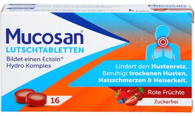 Zdjęcie produktu dla Mucosan tabletki do ssania łagodzące kaszel o smaku czerwonych owoców, 16 szt. tabletek