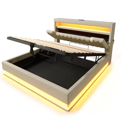 Produktbild von Flieks Polsterbett 140x190cm mit Ladefunktion (USB & Type-C), Doppelbett Jugendbett mit Led, Stauraumbett Boxspringbett mit Stauraum, Leinen, Beige