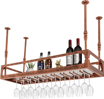 Zdjęcie produktu dla Vintage sufitowy stojak na wino żelazny stojak sufitowy wiszący uchwyt na butelkę wina stojak na wino brązowy 100CM regulowana wysokość jednowarstwowa do baru hotelowego i kuchni