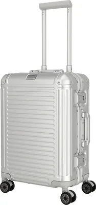 A silver aluminum trolley suitcase with a retractable handle and four wheels, shown against a white background.