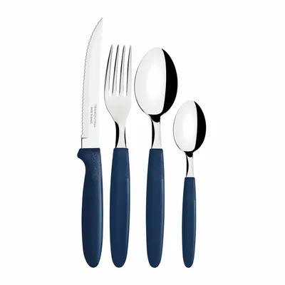 A set of cutlery with blue handles against a white background.