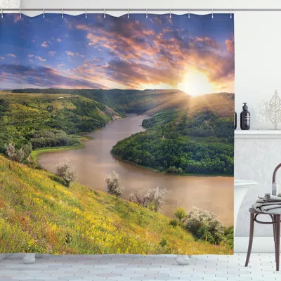 Produktbild von ABAKUHAUS Natur Duschvorhang, Aufgehende Sonne ruhiger Fluss, Waserdichter Stoff mit 12 Haken Set Dekorativer Farbfest Bakterie Resistet, 175 x 180 cm, Multicolor