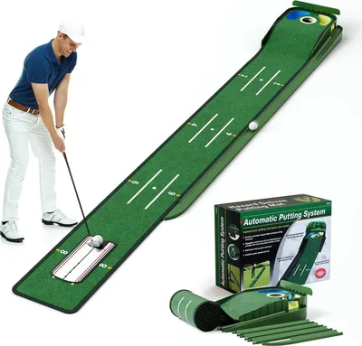 Obrázek produktu pro Golfová podložka na patování – tréninková podložka – realistický povrch – automatický návrat míčku – jasná vyrovnávací čára – pro domácnost a kancelář – zelená