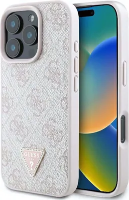 A pink Guess branded iPhone 16 Pro Max case is shown diagonally with the phone inside.