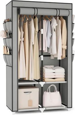 Produktbild von Kleiderschrank 90x45,5x172 cm, 4 Ablagen, 2 Kleiderstangen, 6 Taschen, mit Bezug, für Schlafzimmer