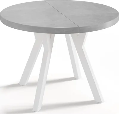 Obrázek produktu pro Designový Kulatý Rozkládací Jídelní Stůl – Styl Podkroví, Industriální, Úsporný – Bílé Nohy – 100–150 cm – 6–8 Míst na Sezení  – Šedý Beton - 150 cm