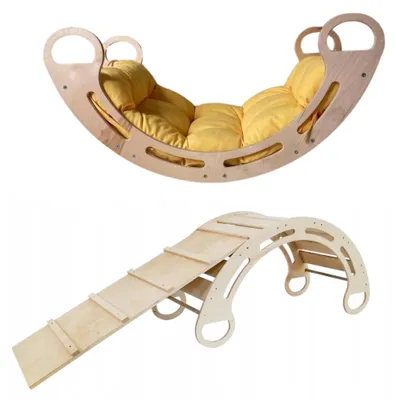 Produktbild von Montessori-Schaukel mit Kissen (gelb) und Rutsche, natur, 85 cm, 5 in 1, 7 in 1
