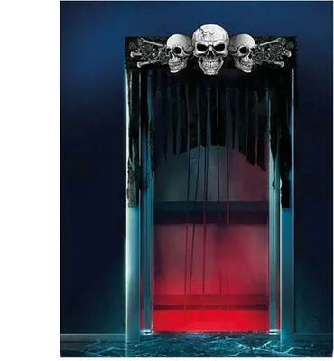 Productafbeelding van Halloween schedel gordijn, spookachtige schedel, Halloween decoratie, horrorfeest, decoratie voor een enge sfeer, geschikt voor een griezelige deurdecoratie, enge feestdecoratie, kleur: meerkleurig