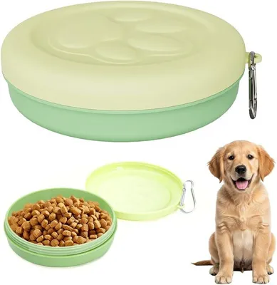 Produktbild von PolkaHome® Hundenapf mit Deckel und Karabinerhaken, Reisenapf, faltbarer Trinknapf für Hunde und Katzen, 14 x 14 x 4 cm, Grün