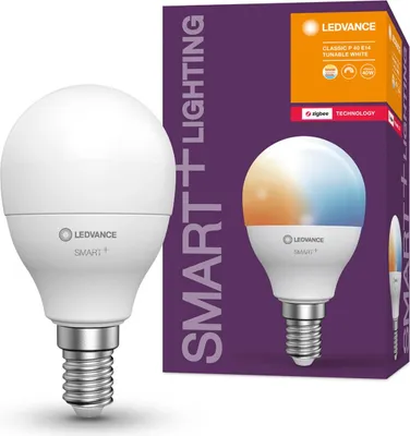 A product shot of a smart LED light bulb and its packaging.