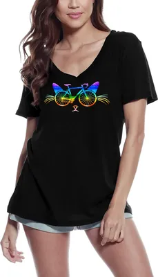 Produktbild von Damen Grafik T-Shirt V-Ausschnitt Katzenohren - Fahrrad - Katzenmama – Cats Ears - Bicycle - Cat Mom – Öko-Verantwortlich Vintage Jahrgang Kurzarm