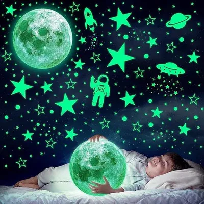 Image de Unyqoos® : Stickers lumineux adhésifs en PVC – 1160 étoiles et lunes phosphorescentes pour chambres d'enfants, autocollants muraux fluorescents