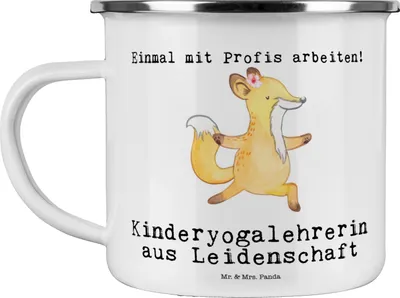 Produktbild von Mr. & Mrs. Panda Pott Kinderyogalehrerin Leidenschaft - Weiß - Geschenk, Emaille Tasse, Teetasse, Haferl, Kaffeepott, becher