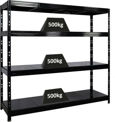 Produktbild von Profi Schwerlastregal Rhino | HxBxT 180x200x60cm | 4 Stahlplatten-Ebenen | Fachlast 500kg | Schwarz