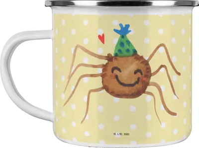 Produktbild von Mr. & Mrs. Panda Emaille Tasse Spinne Agathe Party - Gelb Pastell - Geschenk, Teetasse, Glück, Wunder, Pott, Selbstliebe, Kaffeepott, Motivation, Haferl