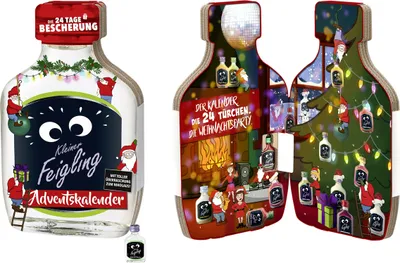 A Christmas-themed advent calendar shaped like a bottle, featuring small bottles of Kleiner Feigling liqueur behind doors.