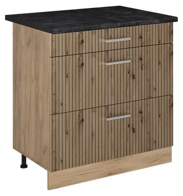 Productafbeelding van Keukenonderkast Vicco R-Line Artisanaal eiken/Goudkleurig Eiken 80 cm met 3 laden antraciet werkblad, Model 72428