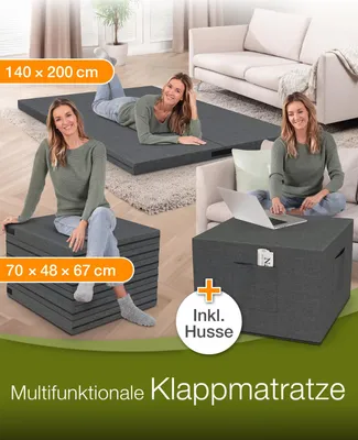 Obrázek produktu pro dibea skládací matrace 3 v 1: lůžko pro hosty, sedací kostka a odkládací stolek v jednom, snímatelný potah a potah s kapsami, 140x200x8 cm, šedá barva