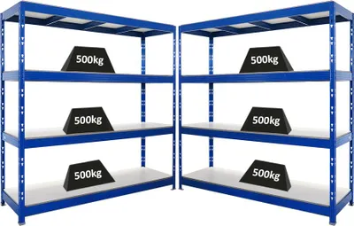 Produktbild von Mega Deal | 2x Profi Schwerlastregal Rhino | HxBxT 200x200x60cm | 4 Melamin-Ebenen 16mm | Fachlast 500kg | Blau