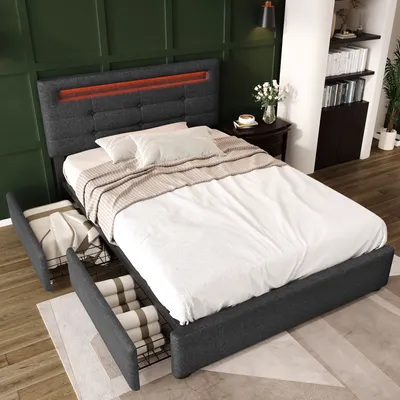 A bedroom scene featuring a bed with storage drawers and LED lighting.