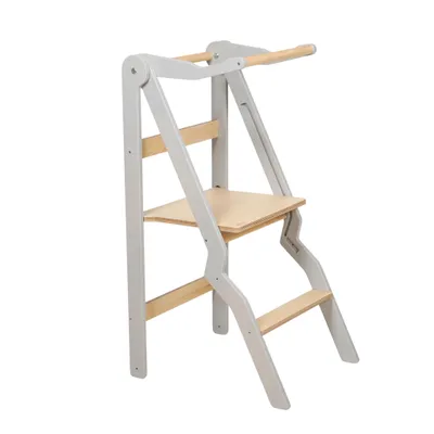 Produktbild von leg&go Klappbarer Lernturm aus Holz ZigZag mit extra Sicherheitsgeländer, Pastellgrau