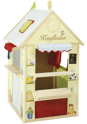 Produktbild von Roba Holz-Mehrfachhaus 4-in-1, Puppentheater, Kaufladen, Postamt, Hellgelb-Mintgrün, 82,5 x 94,5 x 138 cm