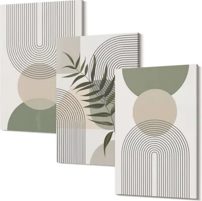 Produktbild von Wandbild – Leinwandbild – Leinwandbilder – Polycanvas – Kunstdruck – Modern – Panorama – Mehrteilig – 3-Teilig Set – Hochwertig – Lichtecht – Geruchslos – 40x60 Cm Je Element - Abstrakte Formen in Grün- und Beigetönen