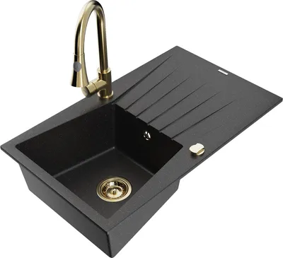 Produktbild von Mexen Cesar 1 Becken-Granitspüle mit Abtropffläche und Mischbatterie Elia, Schwarz/Silbermetallic - 6514-73-670101-50