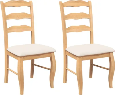 Two wooden dining chairs with beige cushions are shown against a white background.
