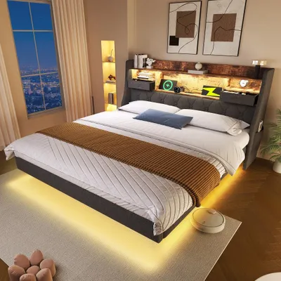 Produktbild von Polsterbett 140x190cm Schwebebett mit LED-Beleuchtung, Stauraum-Kopfteil, Bettgestell mit Lattenrost, grauer Leinenbezug