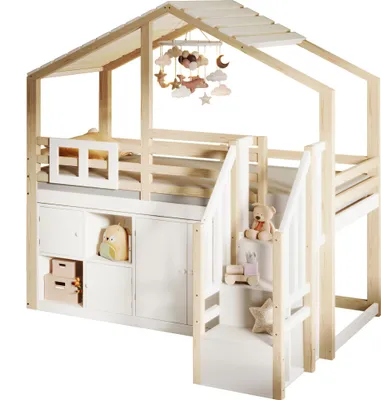 Produktbild von Merax Etagenbett Hochbett Hausform 90x200 cm, Massivholz, mit Fächer, Schließfächer, Lagerleitern, Kinderbett, Jugendbett, Stockbett, Weiß+Natur