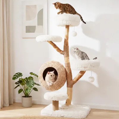 Obrázek produktu pro COSTWAY, kočičí strom, 134 cm, 5 úrovní, s pelíškem, škrabacími sloupky, visacími hračkami a polstrovanými platformami potaženými plyšem. Konstrukce z juty