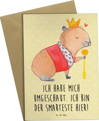 Produktbild von Mr. & Mrs. Panda Grußkarte Capybara König - Gelb Pastell - Geschenk, einladungskarten, weihnachtskarten, genesungskarte, Grußkarten, Lustige Sprüche, osterkarte