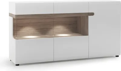 Produktbild von Sideboard mit Glasrahmentüren inkl. Beleuchtung, 164cm breit, LEGNICA-129 in weiß Hochglanz mit Trüffel Eiche Nb., B/H/T ca. 164/86,5/42 cm