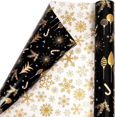 Produktbild von Schwarz-Goldenes Wendbares Weihnachtsgeschenkpapier, Schneeflocke und Weihnachtsbaummuster, 43cm x 10M