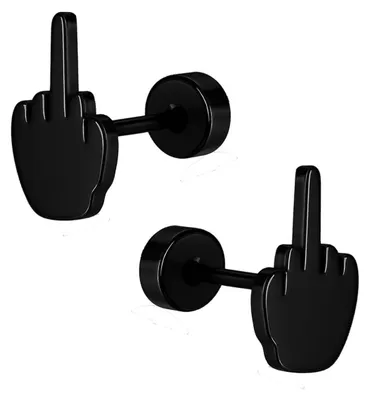Produktbild von 2 Ohrstecker Fakeplug Edelstahl Stinkefinger Ohrringe zum Schrauben schwarz  -