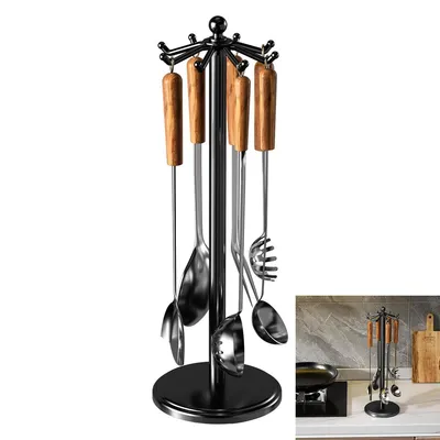 Produktbild von Küchenutensilienhalter Edelstahl, 8 Haken, 360° Drehbar, Stabiler Standfuß, Organizer für Küchenwerkzeuge