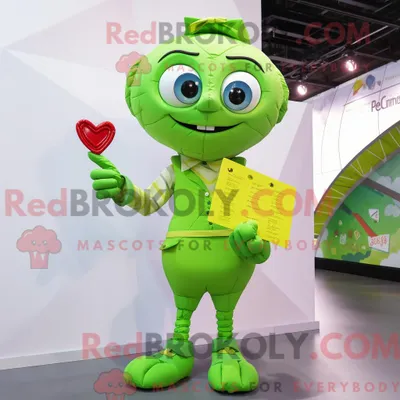 Obrázok produktu pre Maskot spoločnosti REDBROKOLY, známy ako "Lime Green Love Letter", je oblečený v šortkách a má pripevnené spinky na golieri