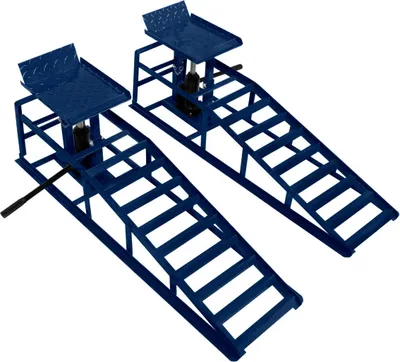 Produktbild von 2x Auffahrrampen Set mit hydraulischem Wagenheber 3T 3000kg | Garage Werkstatt Auto PKW KFZ | 270-390mm höhenverstellbar | 34x26cm Plattform | 245mm Max Reifenbreite | Blauer Stahl + Sicherungsbolzen
