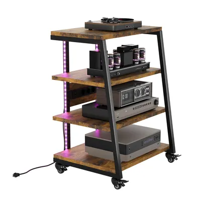 Produktbild von 4-stufiger HiFi Rack mit Rädern, Schrank mit Steckdosenleisten, LED-Leuchten, Verstellbaren Ablage Holz Medienständer HiFi Regal für Audioanlage
