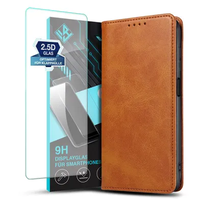 Produktbild von Handyhülle für Samsung Galaxy A25 5G mit 9H Displayglas Kunstleder Flip Cover Hülle Handytasche Case Kartenfach Farbe: Hellbraun