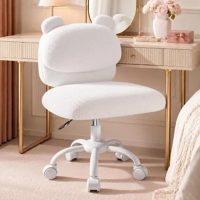 Bürostuhl aus Teddyfleece, weiß, höhenverstellbar, mit Rollen, Bärenrückenlehne