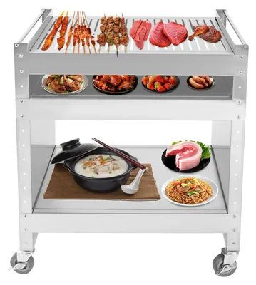 Image de Table de barbecue - Chariot d'appoint pour barbecue - Acier inoxydable - 59 x 40,5 x 82 cm - Chariot mobile à 3 niveaux - Table d'appoint pour barbecue - Camping