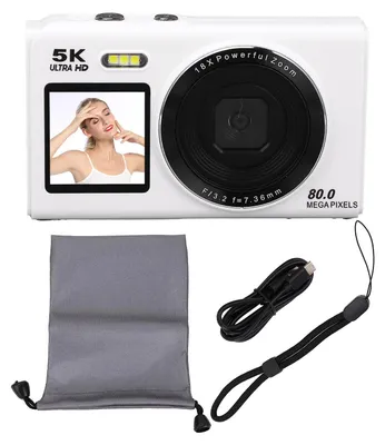 Image de Appareil photo numérique 5K, 80 MP, Wi-Fi, vlog avec double écran de 2,8 pouces et 1,5 pouces, zoom 18x, flash intégré, autofocus pour la photographie de voyage, blanc