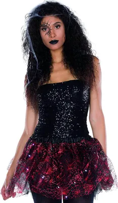 A woman wearing a spiderweb-themed costume.