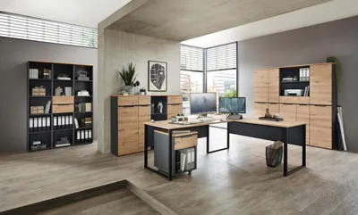 Komplettbüro MEMPHIS II 11-teilig mit Schreibtischen, Regalen und Schränken in Artisan Eiche und Graphit.