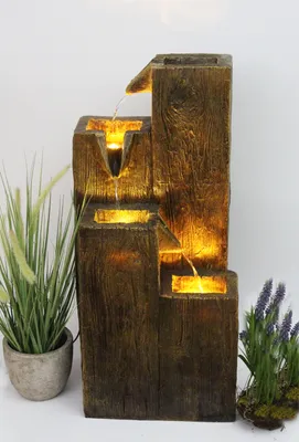 Produktbild von Gartenbrunnen BK823 in Holzoptik Wasserspiel Springbrunnen Groß mit Beleuchtung Terrassenbrunnen LED warmweiß