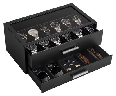 Produktbild von Uhrenbox mit 12 Fächern, 2 Schubladen, Glasdeckel, Schmuck- und Sonnenbrillenaufbewahrung, Schwarz